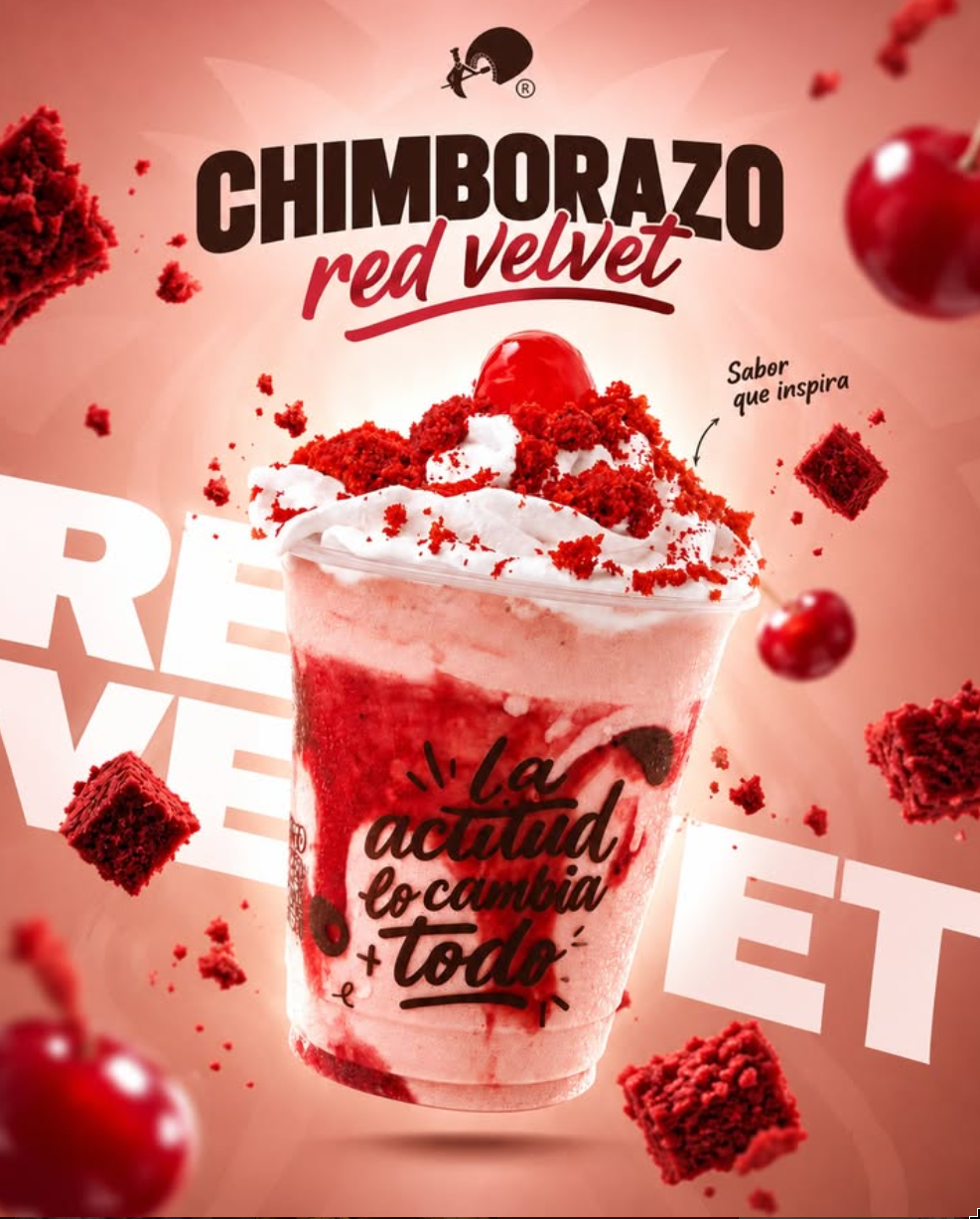 Chimborazo Red Velvet, bebida cremosa decorada con migas de pastel y cereza